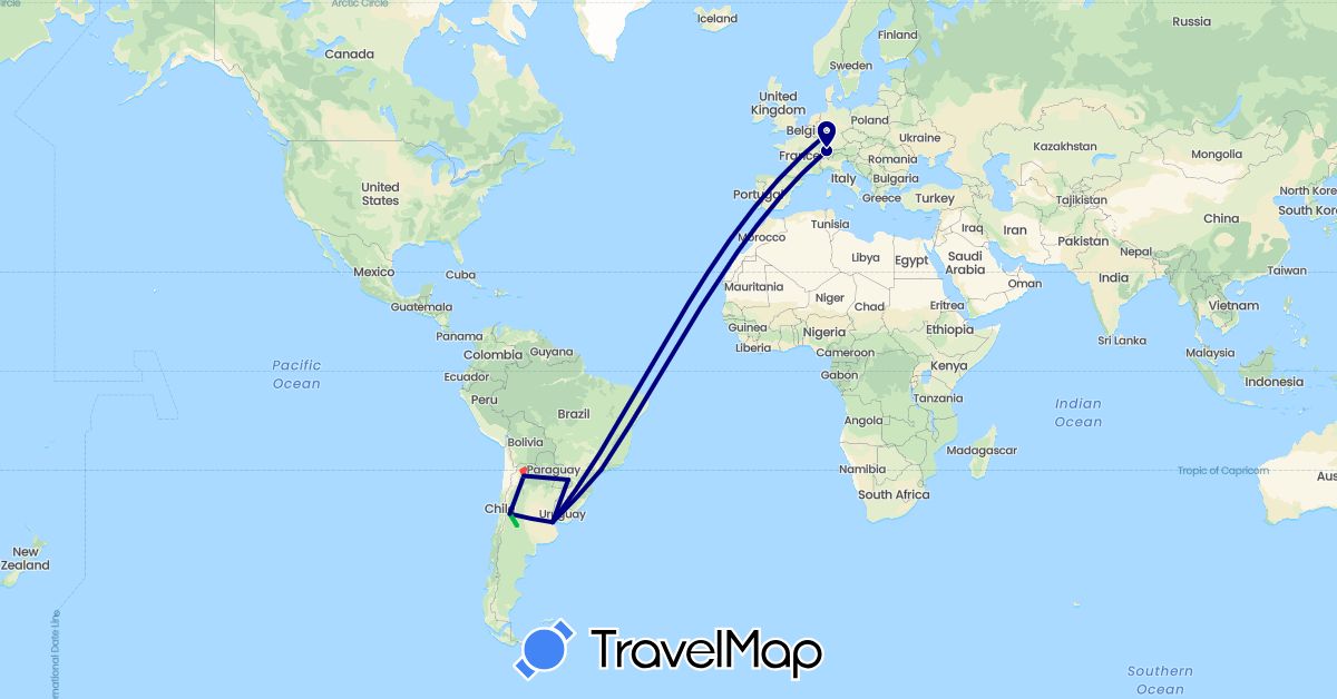 TravelMap itinerary: driving, bus, hiking in Argentina, Brazil, Switzerland, Germany (Europe, South America)